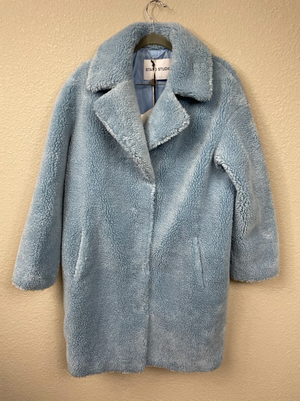 NWT Stand Studio Camilla Cocoon Coat Faux Fur Fleece Blue Sz 36